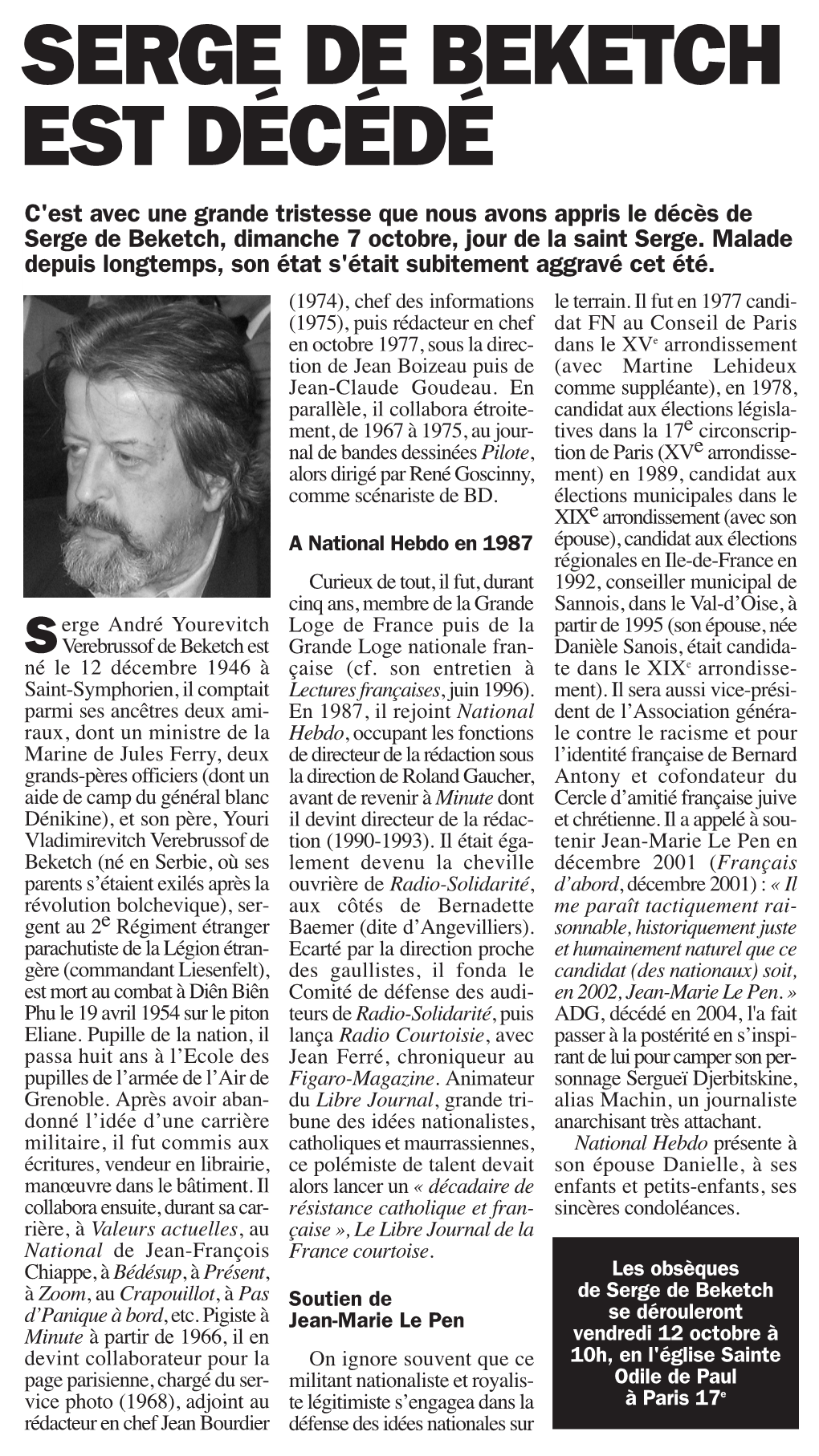 SERGE DE BEKETCH EST DÉCÉDÉ C'est Avec Une Grande Tristesse Que Nous Avons Appris Le Décès De Serge De Beketch, Dimanche 7 Octobre, Jour De La Saint Serge