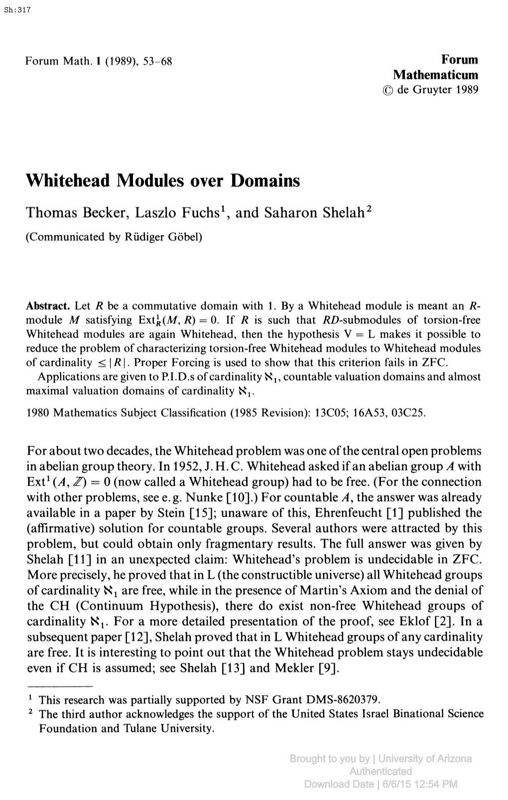 Whitehead Modules Over Domains Thomas Becker, Laszlo Fuchs1, and Saharon Shelah2 (Communicated by Rüdiger Göbel)