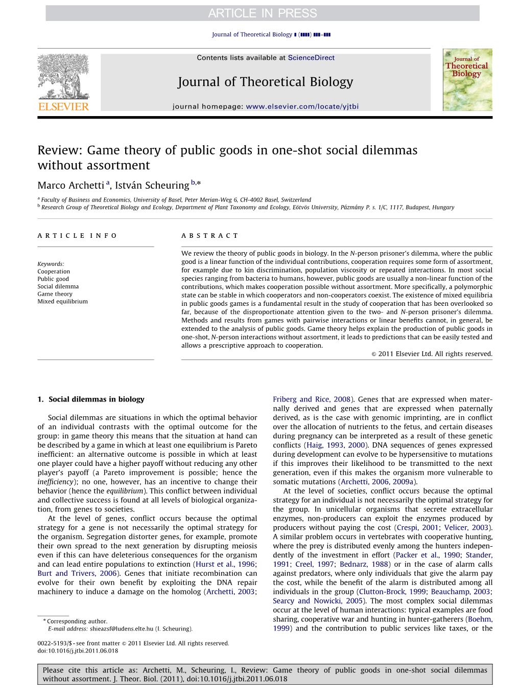 Review Game Theory of Public Goods in One-Shot Social Dilemmas Without