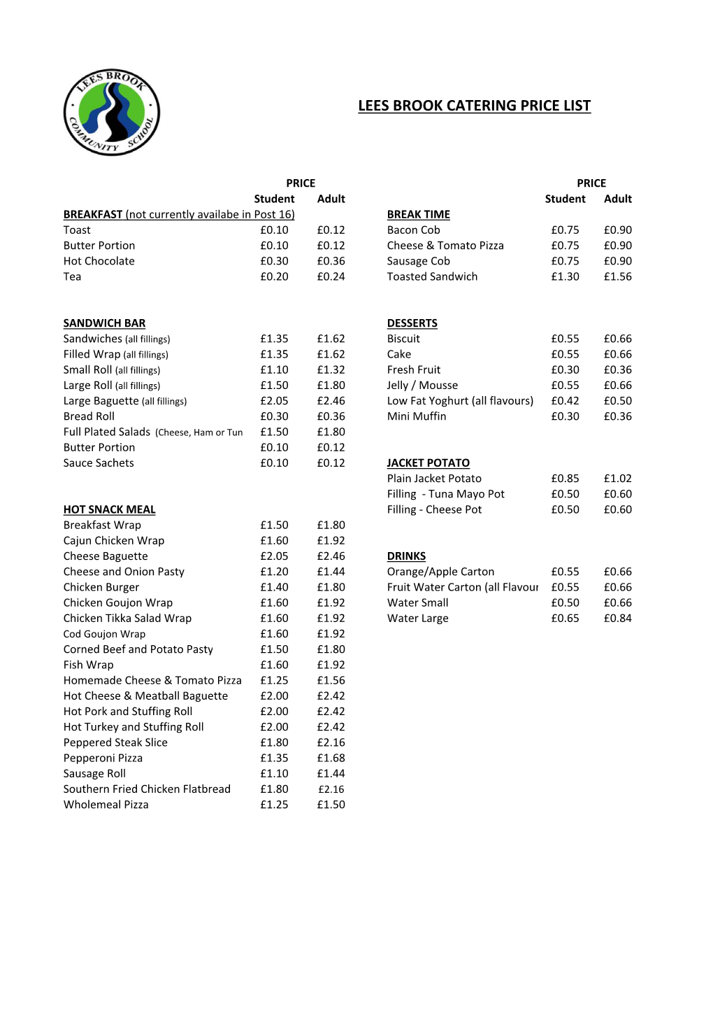 Lees Brook Catering Price List