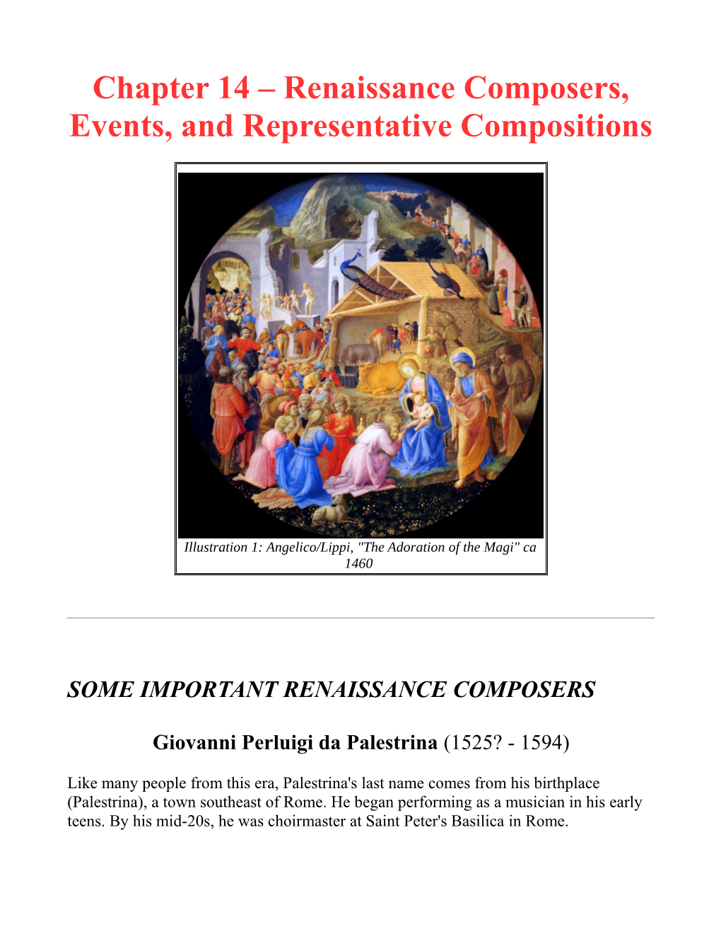 Chapter 14 – Renaissance Composers, Events, and Representative Compositions