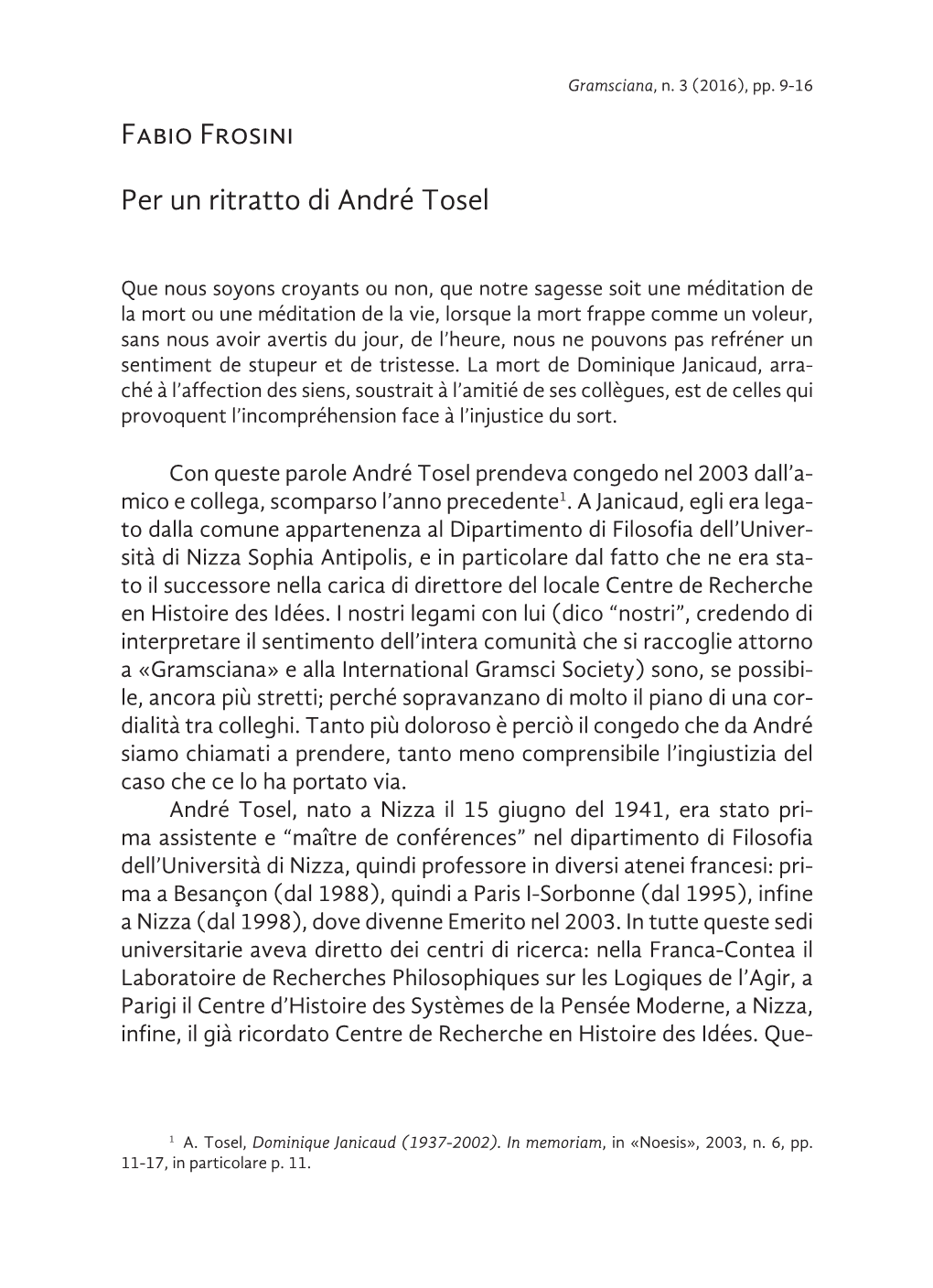 Fabio Frosini Per Un Ritratto Di André Tosel