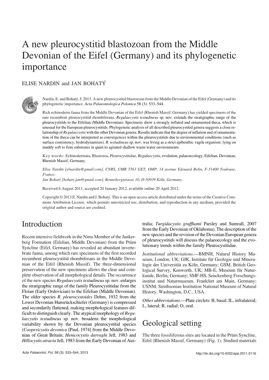 A New Pleurocystitid Blastozoan from the Middle Devonian of the Eifel (Germany) and Its Phylogenetic Importance