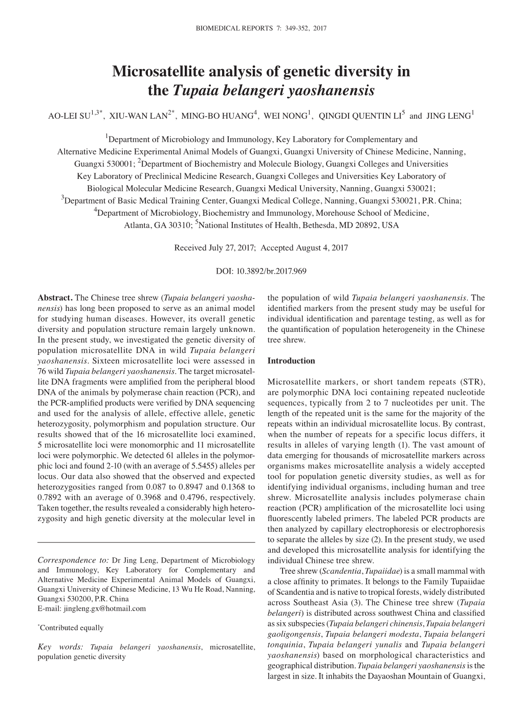 Microsatellite Analysis of Genetic Diversity in the Tupaia Belangeri Yaoshanensis