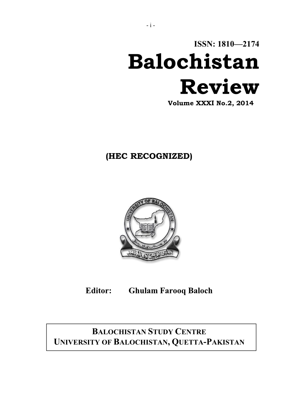 Bi-Annual Research Journal “BALOCHISTAN REVIEW—ISSN