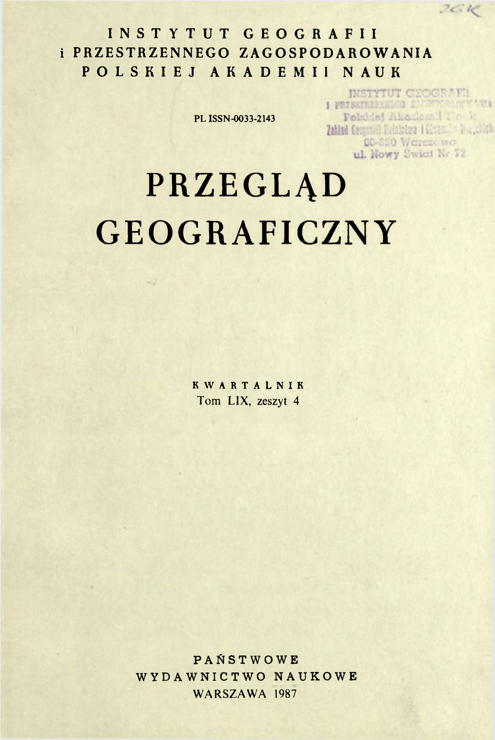 Przegląd Geograficzny T. 59 Z. 4 (1987)