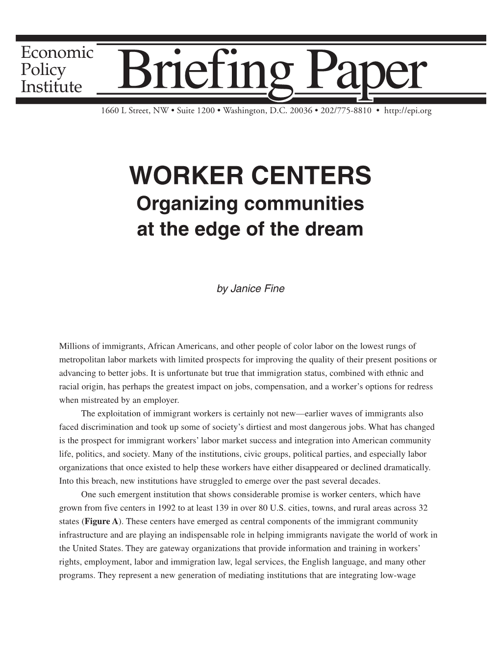 WORKER CENTERS Organizing Communities at the Edge of the Dream