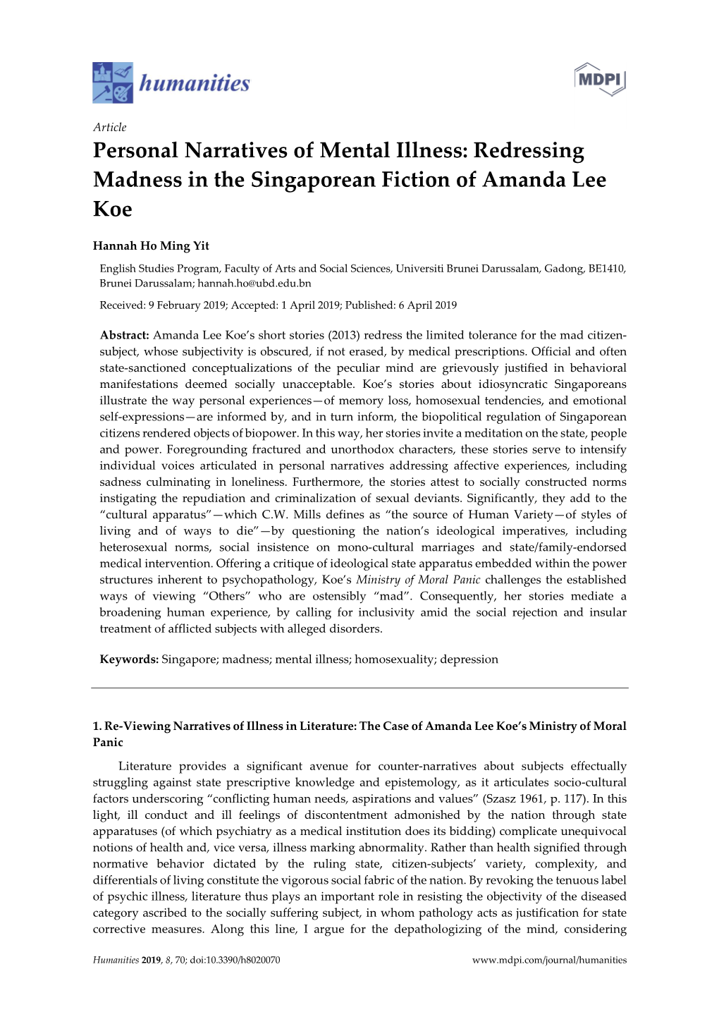 Redressing Madness in the Singaporean Fiction of Amanda Lee Koe