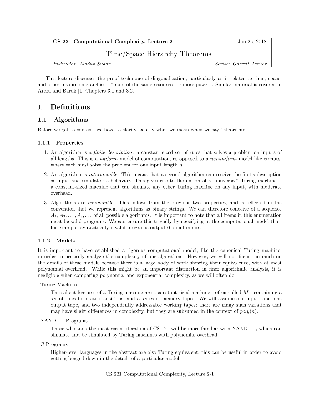 Time/Space Hierarchy Theorems 1 Definitions