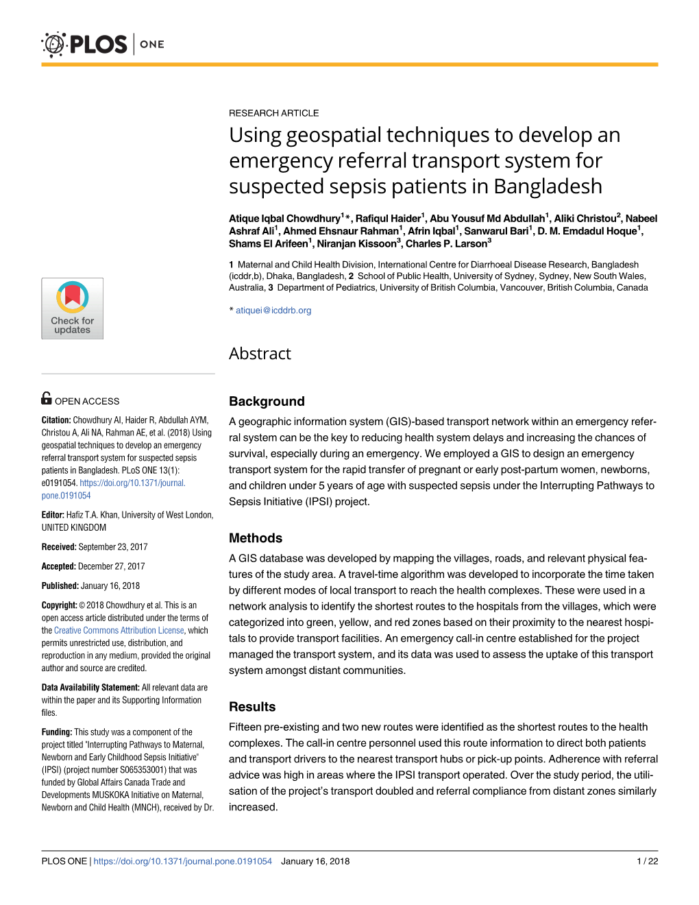 Using Geospatial Techniques to Develop an Emergency Referral Transport System for Suspected Sepsis Patients in Bangladesh