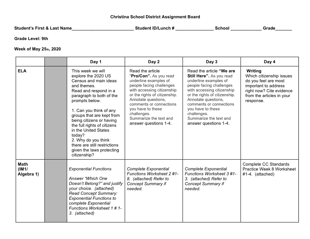 Christina School District Assignment Board Student's First & Last