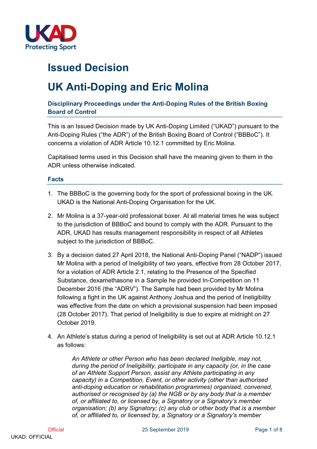 Issued Decision UK Anti-Doping and Eric Molina