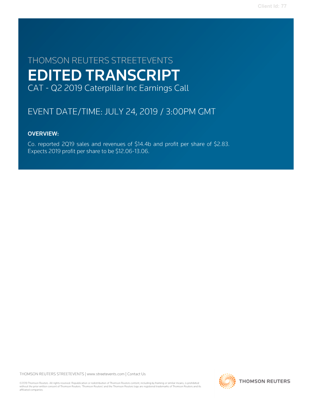 Q2 2019 Caterpillar Inc Earnings Call on July 24, 2019 / 3:00PM