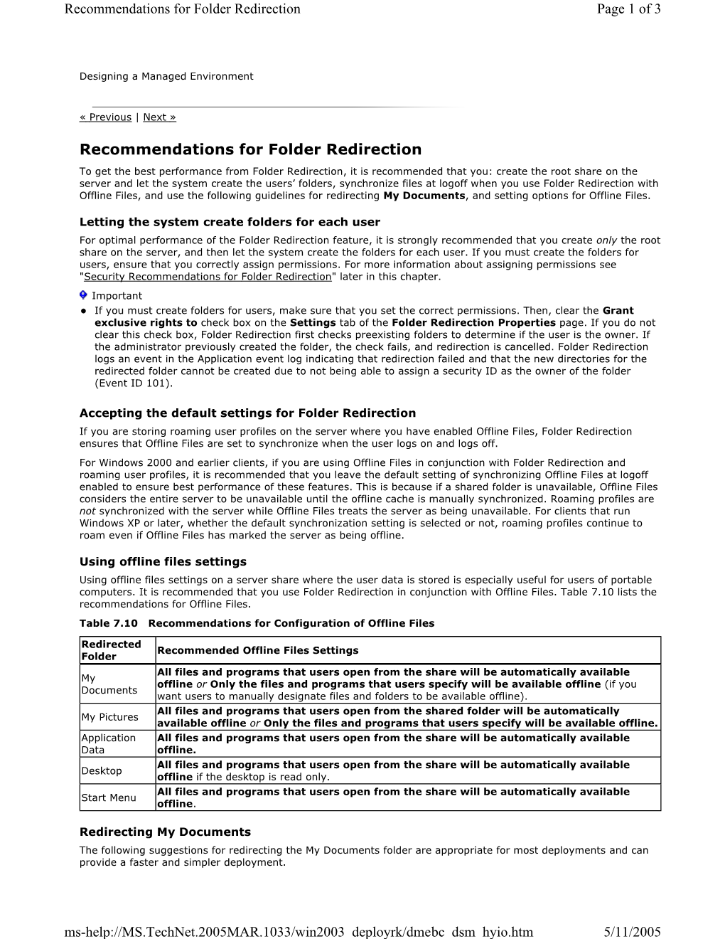 Recommendations for Folder Redirection Page 1 of 3