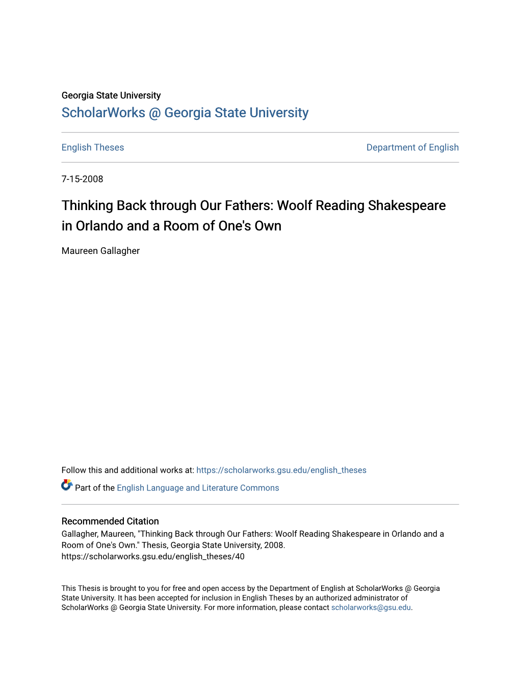 Thinking Back Through Our Fathers: Woolf Reading Shakespeare in Orlando and a Room of One's Own