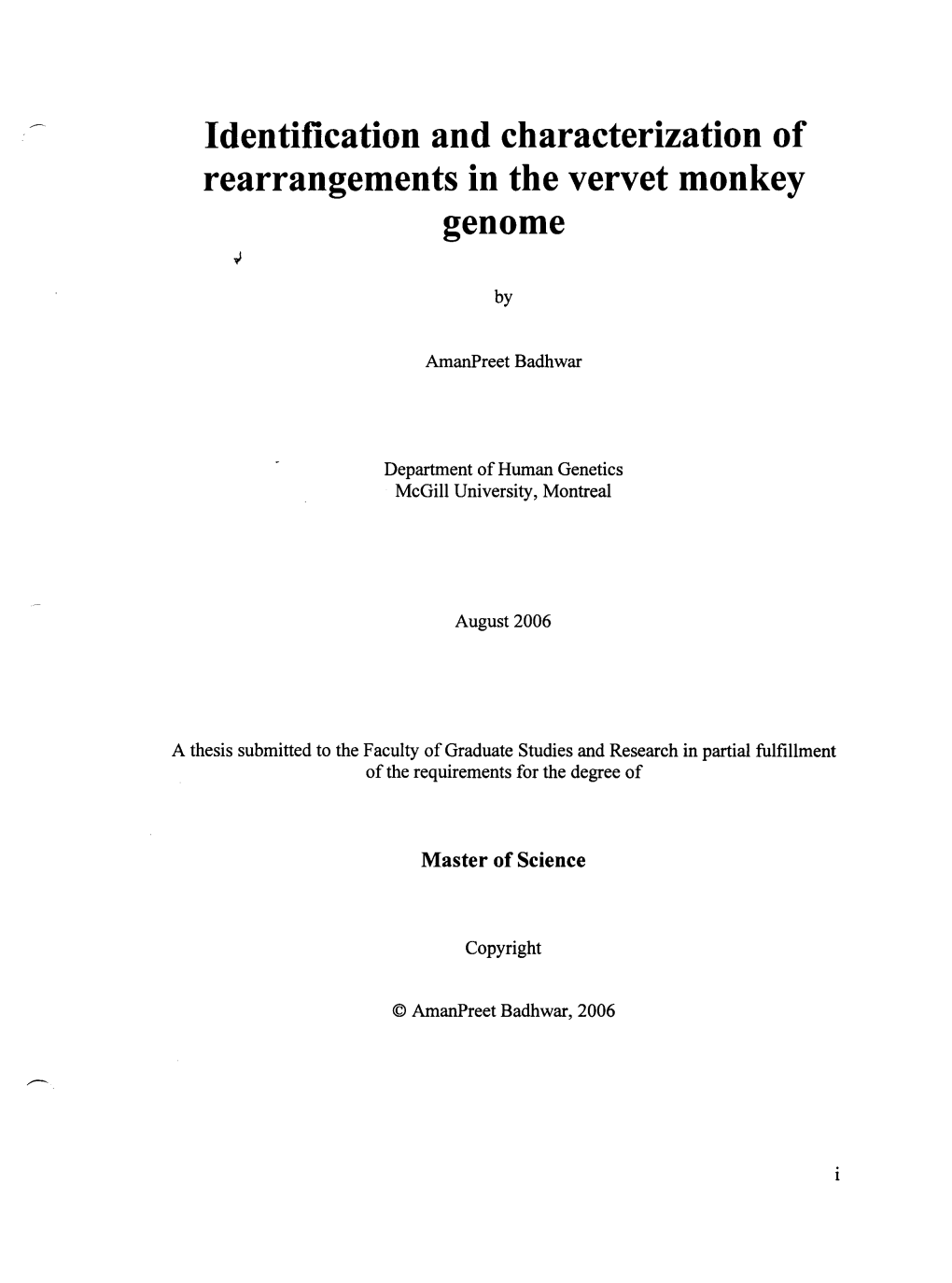 Identification and Characterization of Rearrangements in the Vervet Monkey Genome
