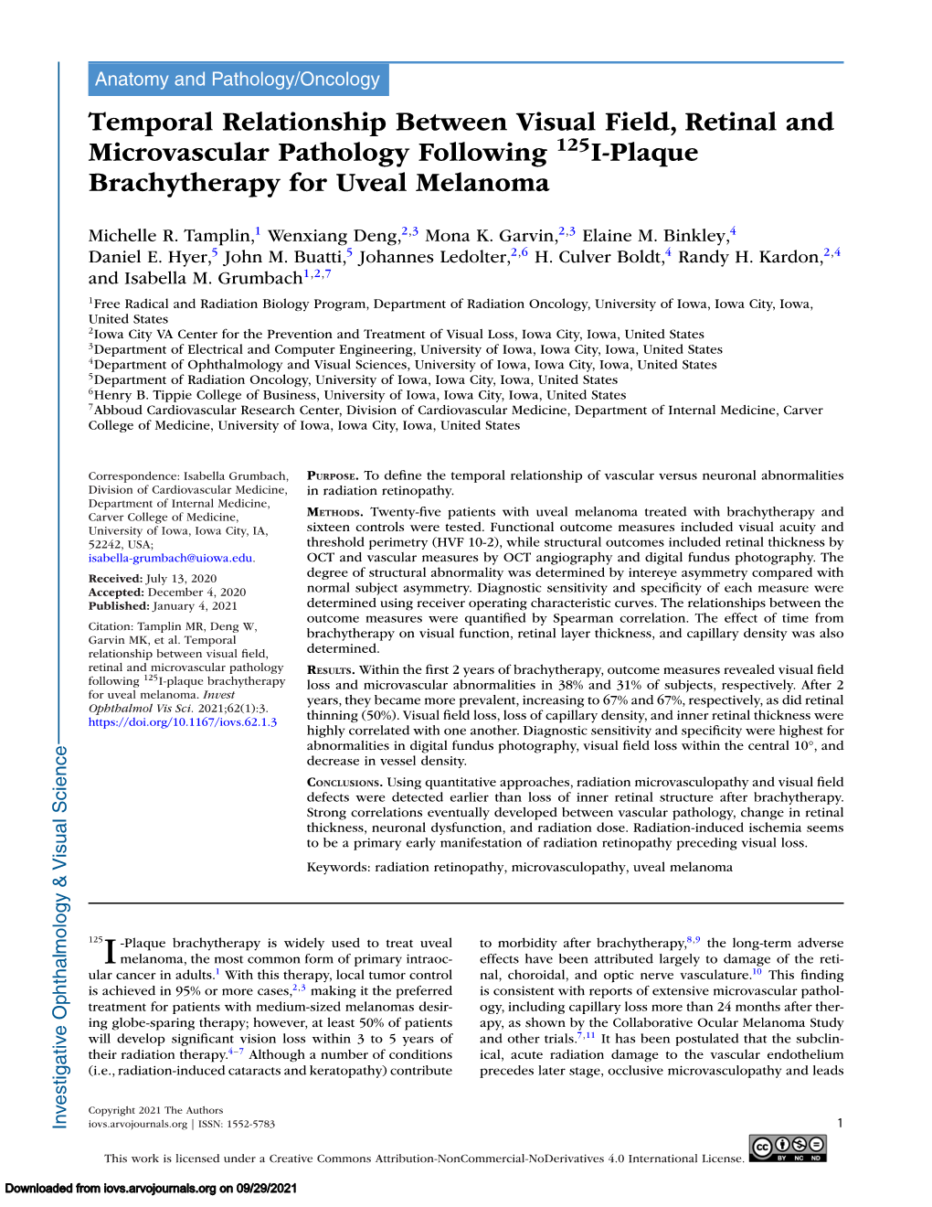 Temporal Relationship Between Visual Field, Retinal and Microvascular Pathology Following 125I-Plaque Brachytherapy for Uveal Melanoma