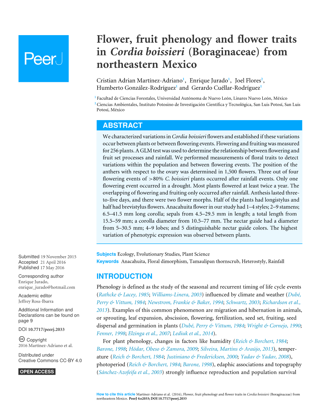 Flower, Fruit Phenology and Flower Traits in Cordia Boissieri (Boraginaceae) from Northeastern Mexico