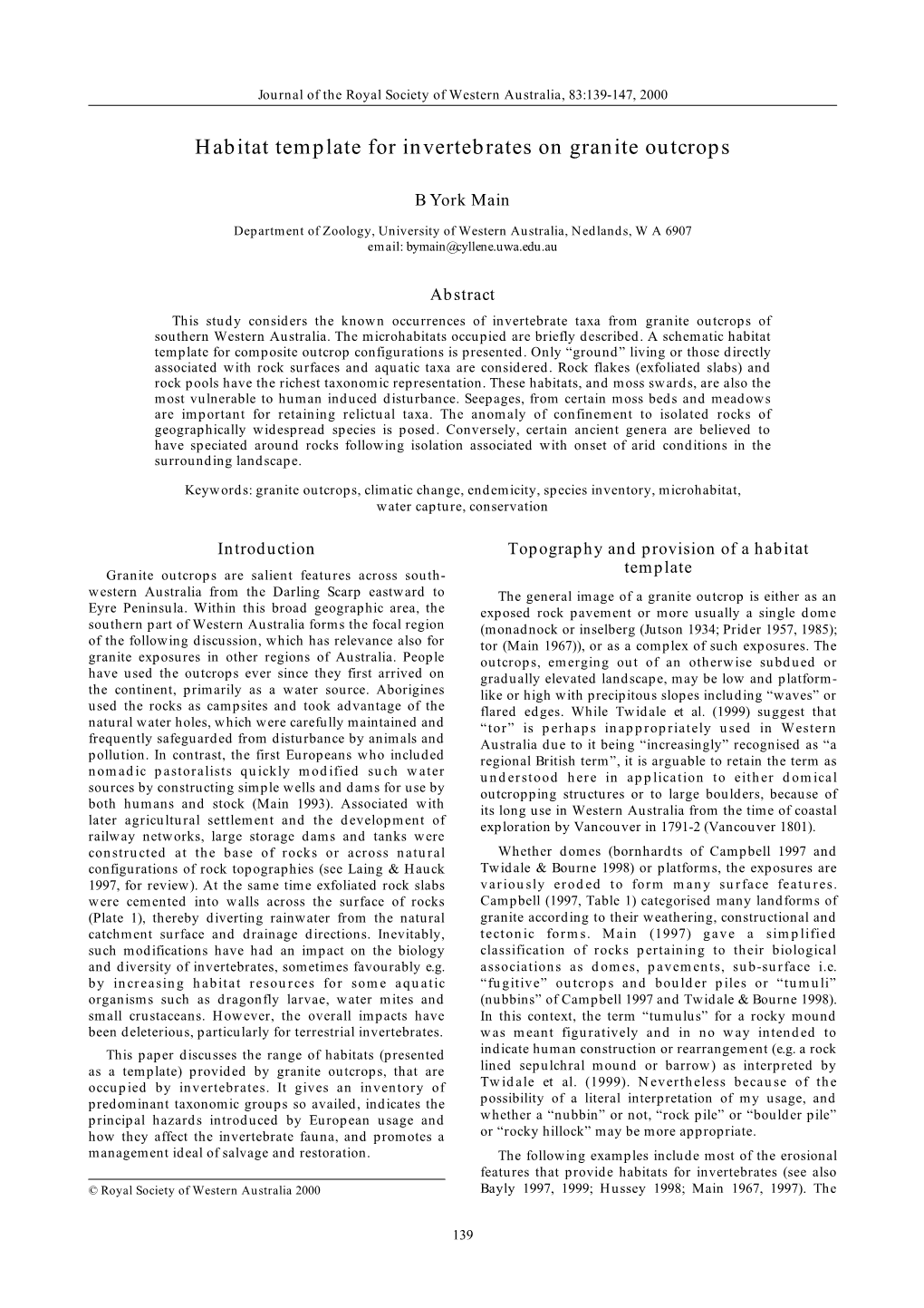 Habitat Template for Invertebrates on Granite Outcrops