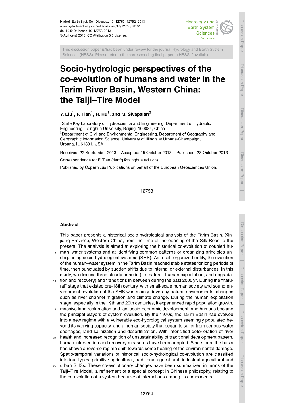 Socio-Hydrologic Perspectives of the Co-Evolution of Humans and Water in the Tarim River Basin, Western China: the Taiji–Tire