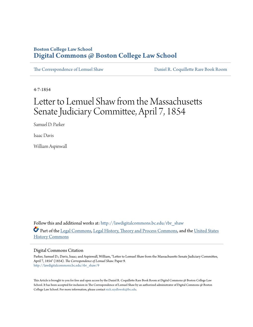 Letter to Lemuel Shaw from the Massachusetts Senate Judiciary Committee, April 7, 1854 Samuel D