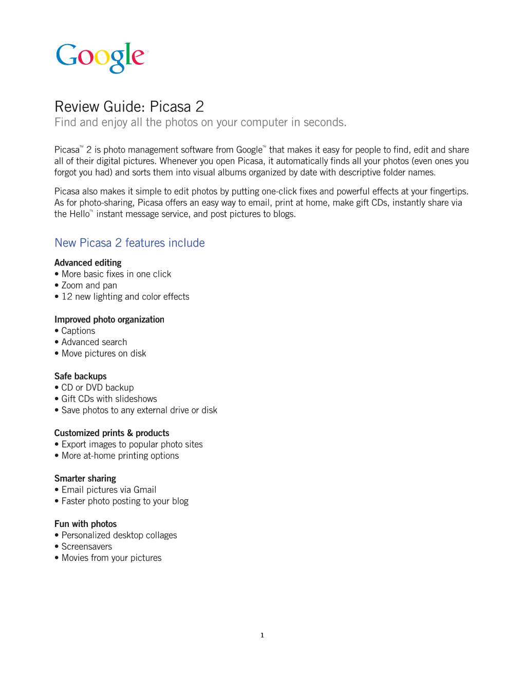 Review Guide: Picasa 2 Find and Enjoy All the Photos on Your Computer in Seconds