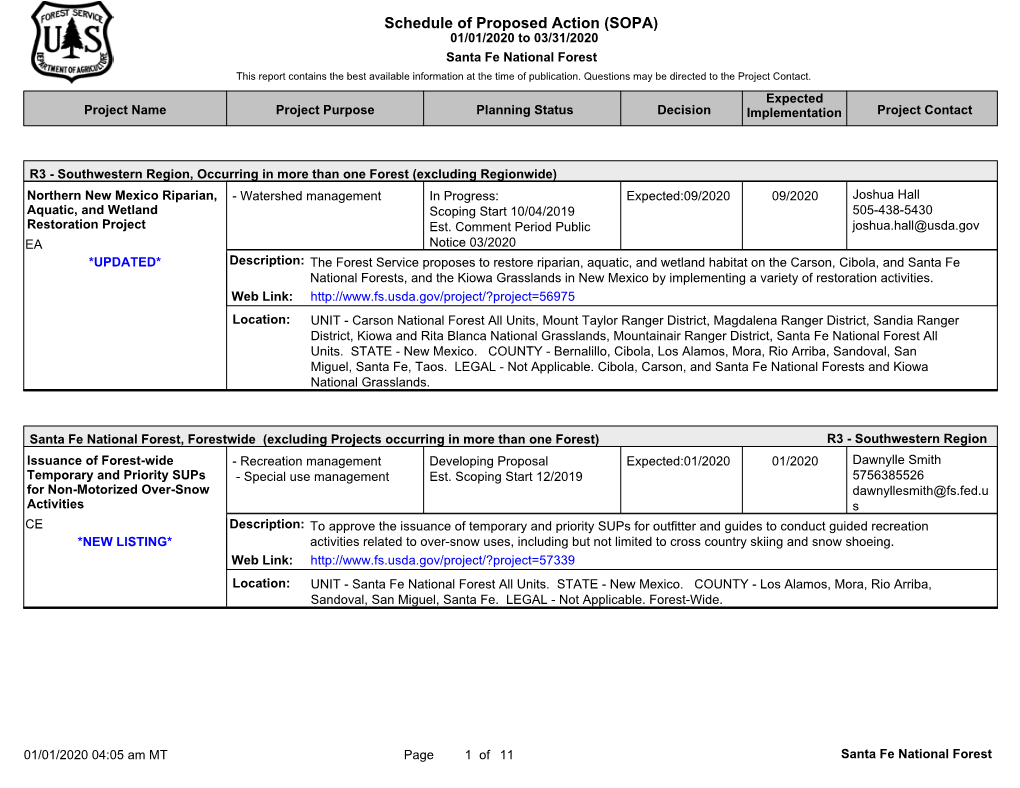 Santa Fe National Forest This Report Contains the Best Available Information at the Time of Publication