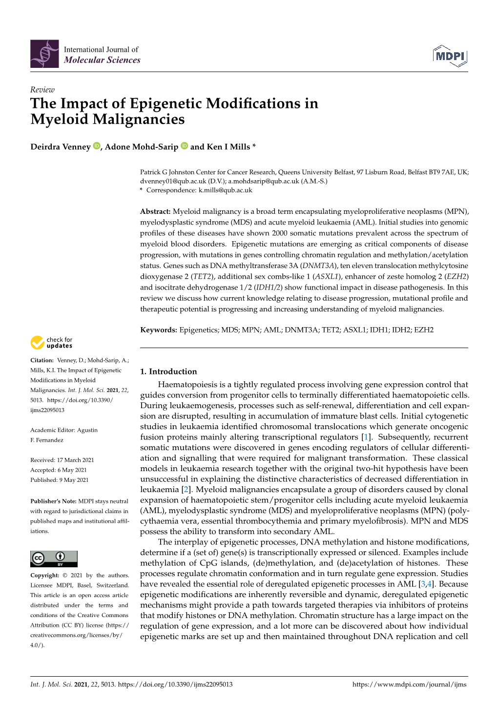 The Impact of Epigenetic Modifications in Myeloid Malignancies