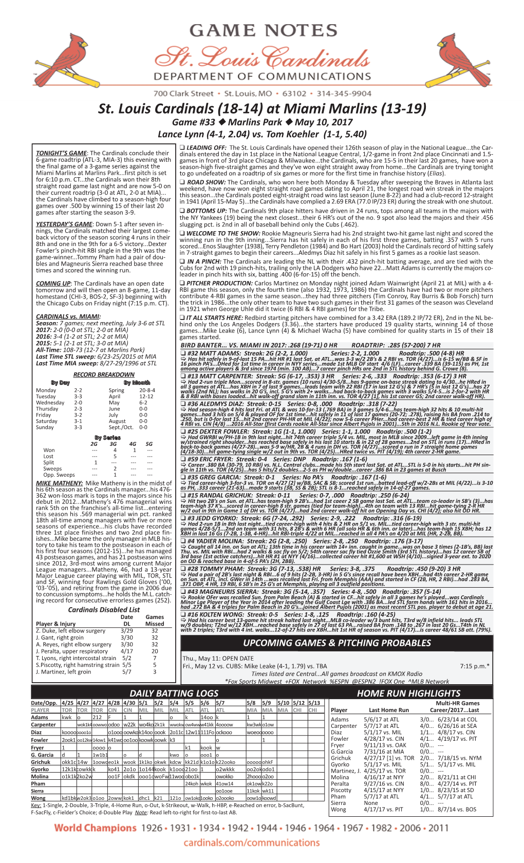 St. Louis Cardinals (18-14) at Miami Marlins (13-19) Game #33 N Marlins Park N May 10, 2017 Lance Lynn (4-1, 2.04) Vs