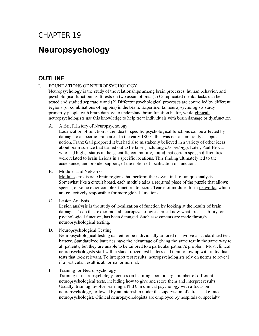 I. Foundations of Neuropsychology