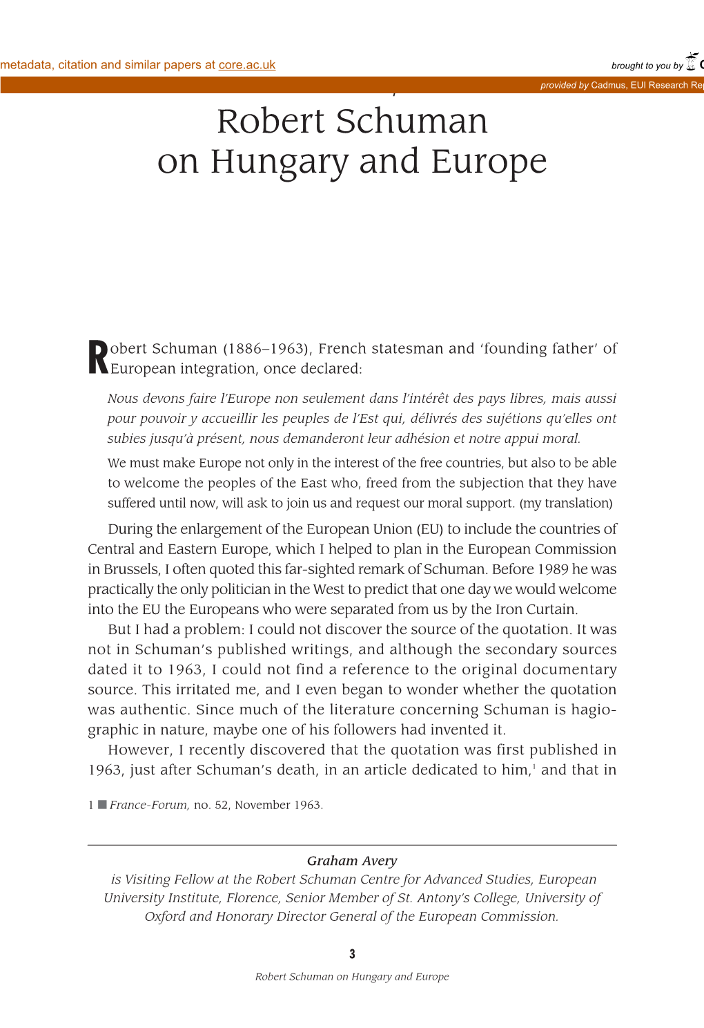 Robert Schuman on Hungary and Europe