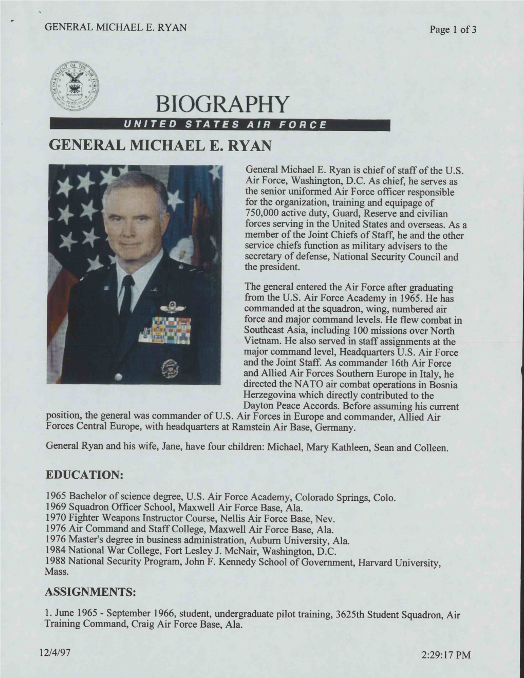 GENERAL MICHAEL E. RYAN Page 1 of 3