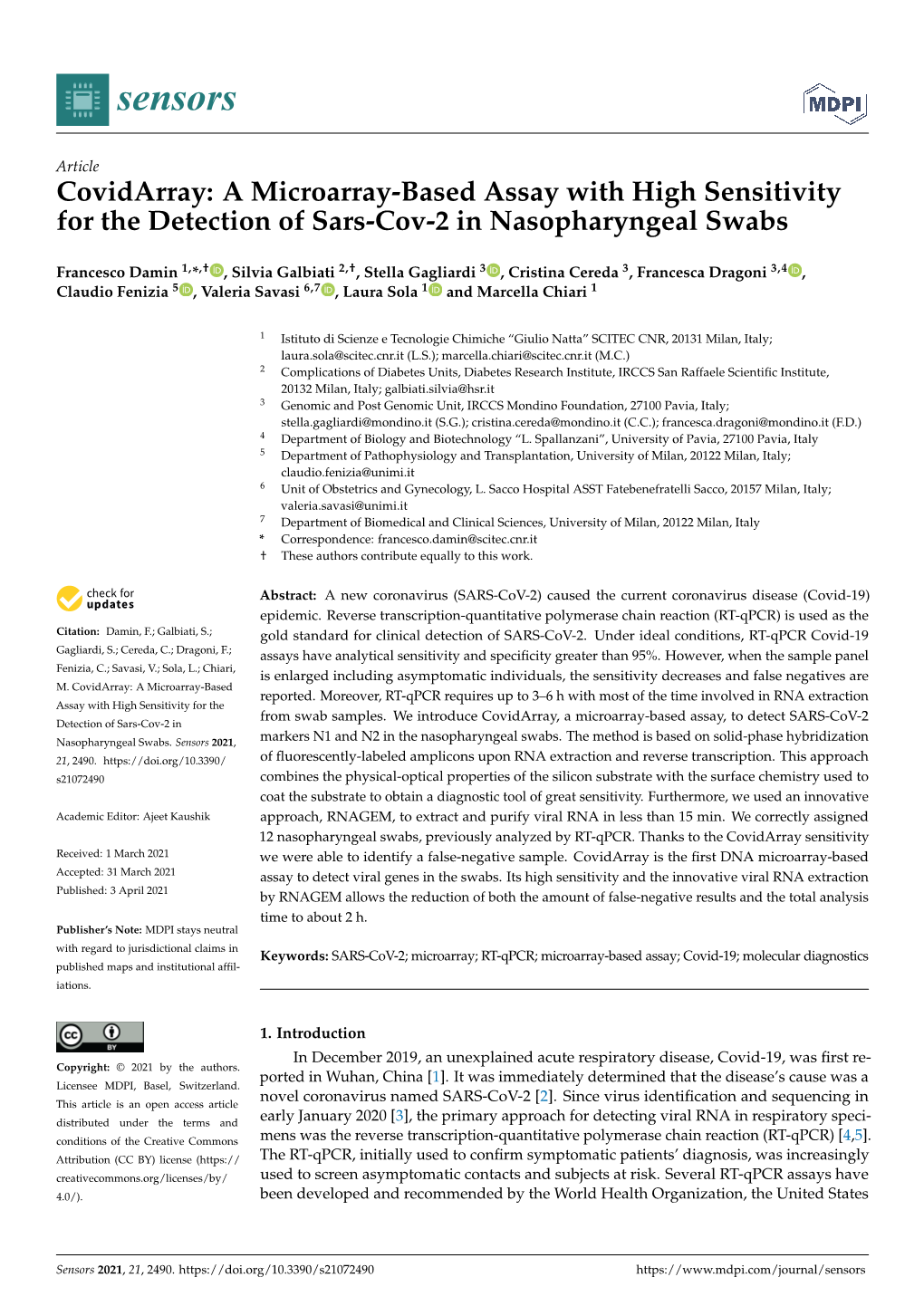 A Microarray-Based Assay with High Sensitivity for the Detection of Sars-Cov-2 in Nasopharyngeal Swabs