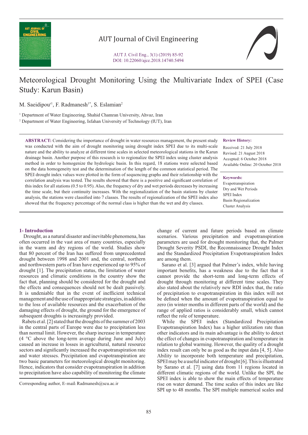 Meteorological Drought Monitoring Using the Multivariate Index of SPEI (Case Study: Karun Basin)