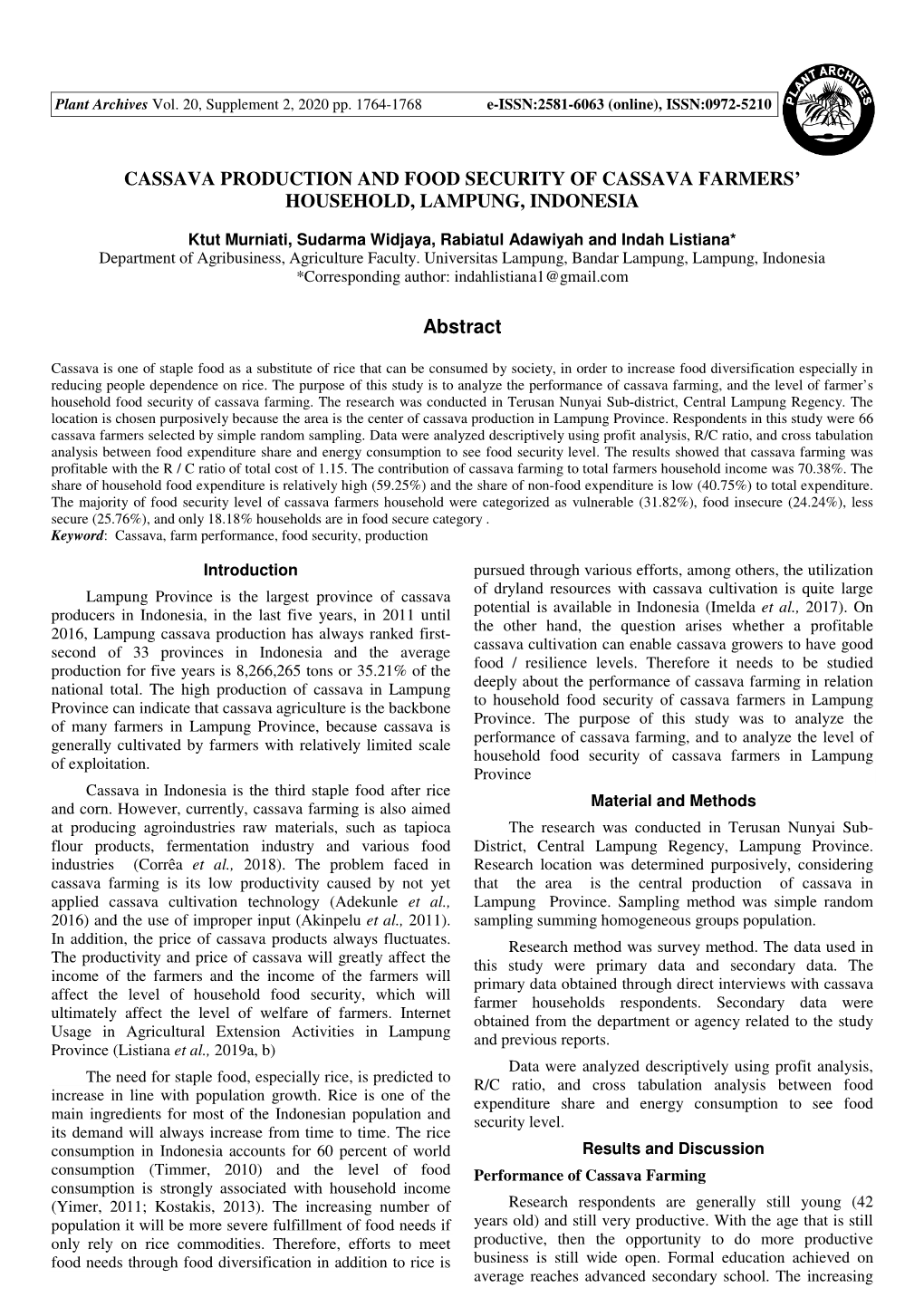 Cassava Production and Food Security of Cassava Farmers’ Household, Lampung, Indonesia