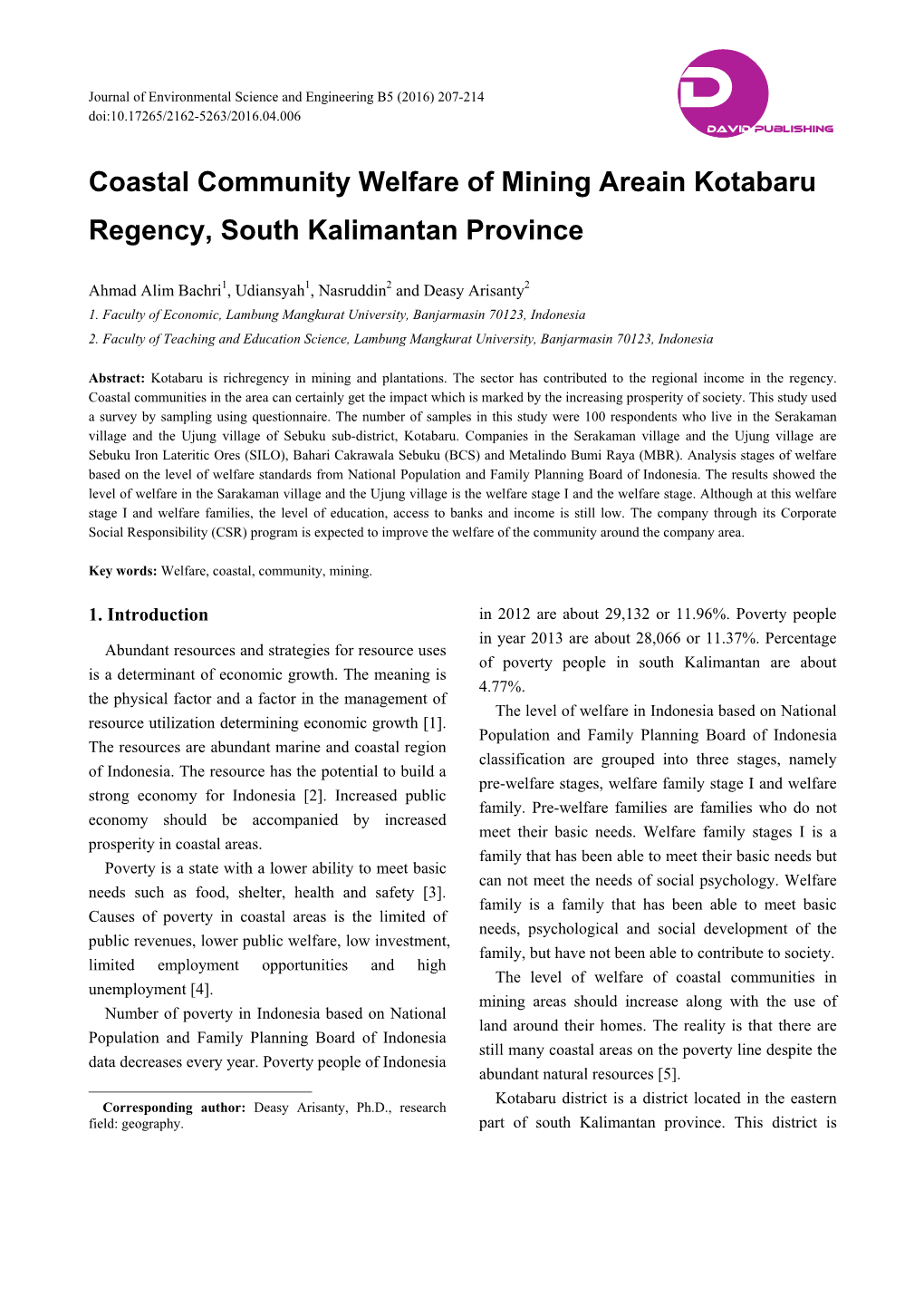 Coastal Community Welfare of Mining Areain Kotabaru Regency, South Kalimantan Province