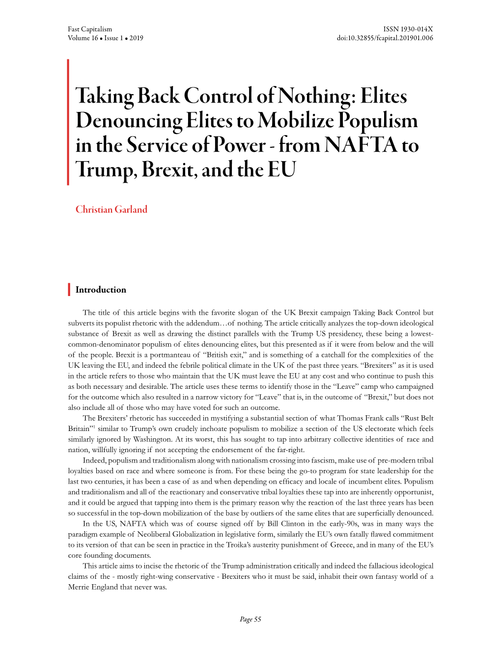 Elites Denouncing Elites to Mobilize Populism in the Service of Power - from NAFTA to Trump, Brexit, and the EU