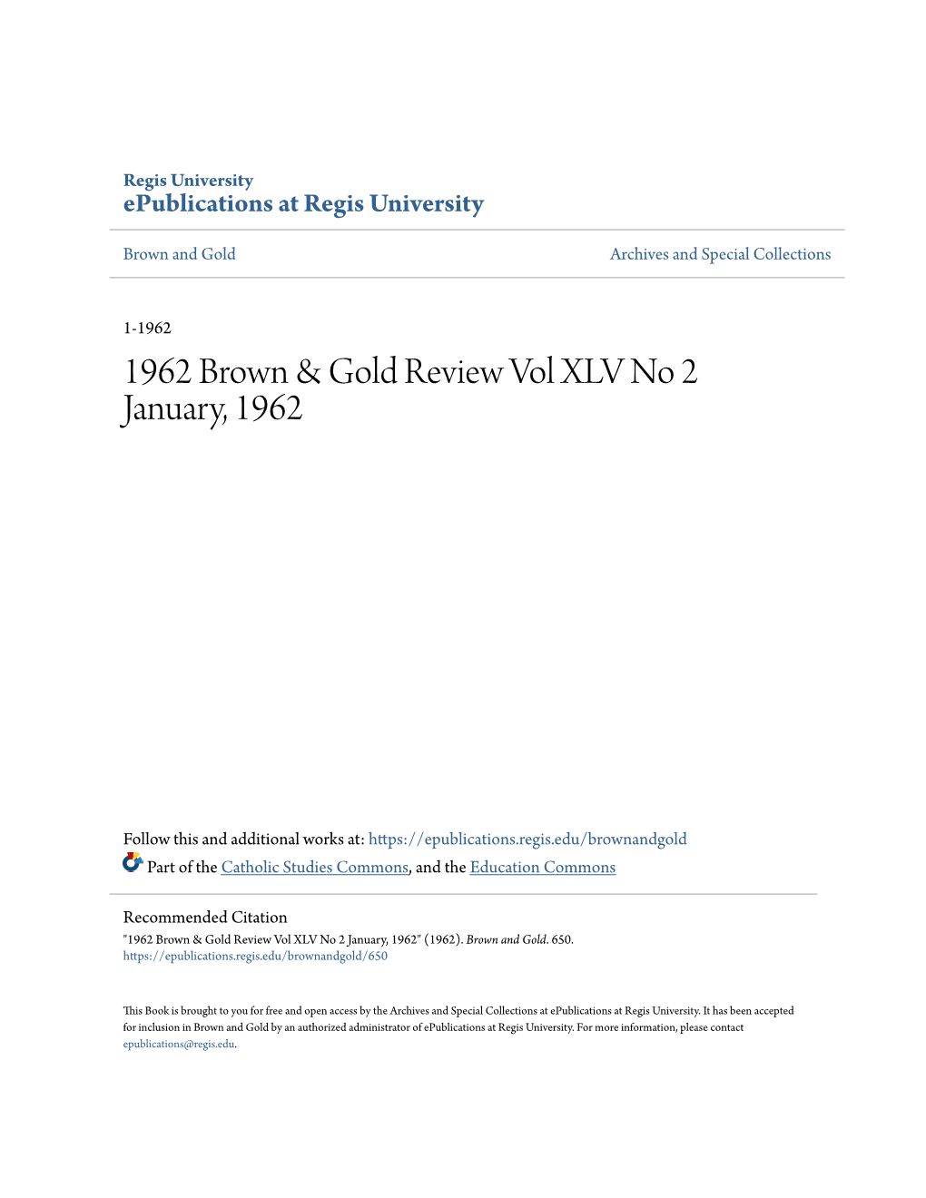 1962 Brown & Gold Review Vol XLV No 2 January, 1962