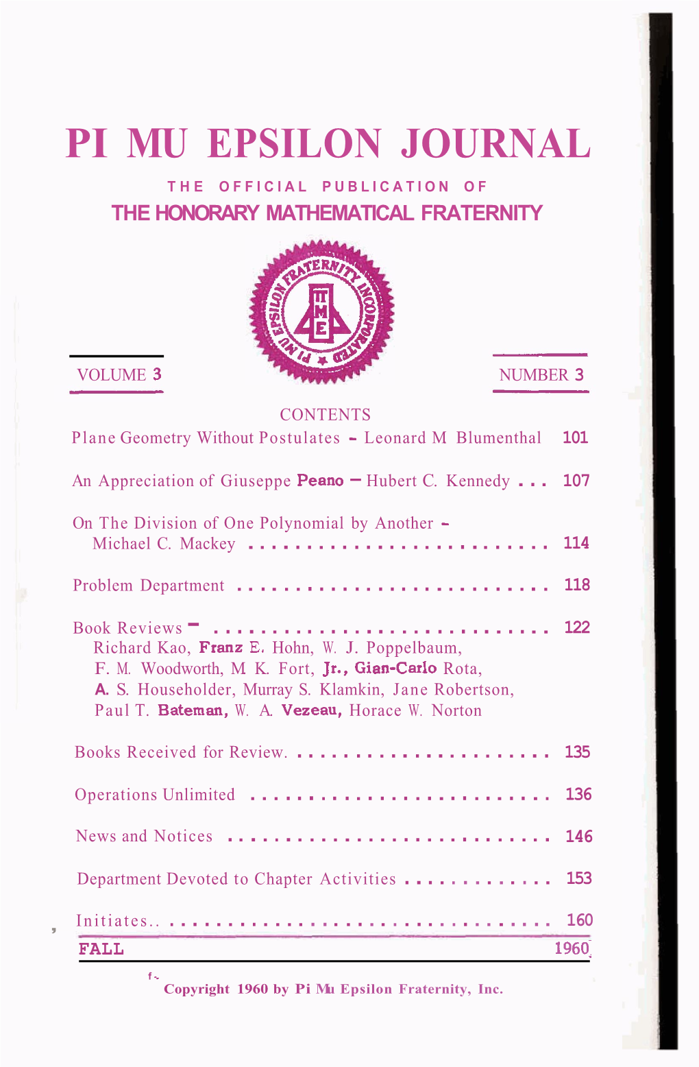 Pi Mu Epsilon Journal the Official Publication of the Honorary Mathematical Fraternity