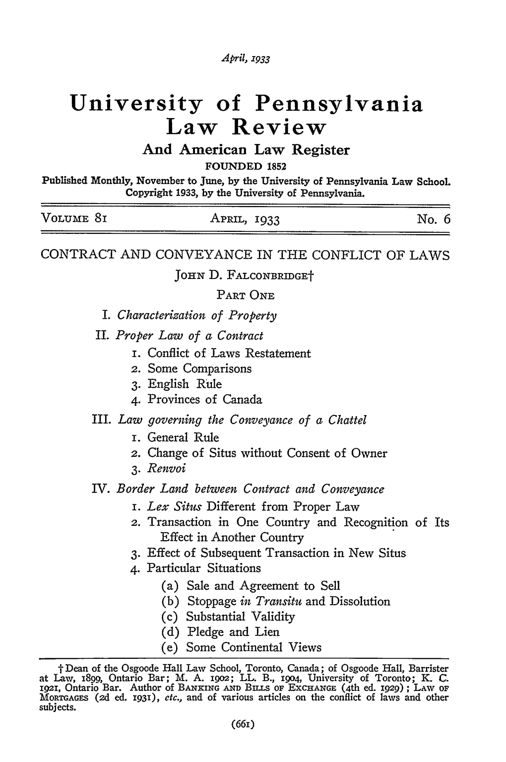 Contract and Conveyance in the Conflict of Laws: Part I