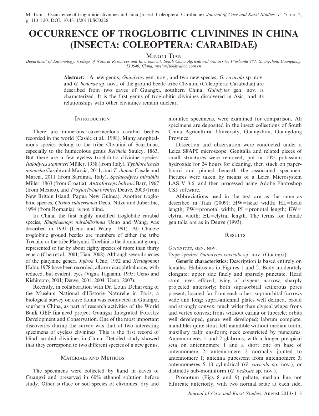 Occurrence of Troglobitic Clivinines in China (Insecta