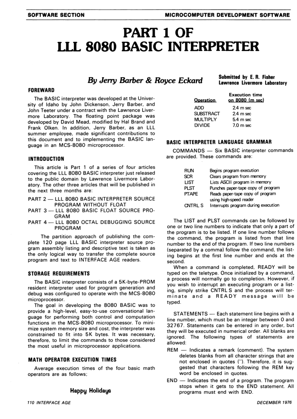 Part 1 of Lll 8080 Basic Interpreter