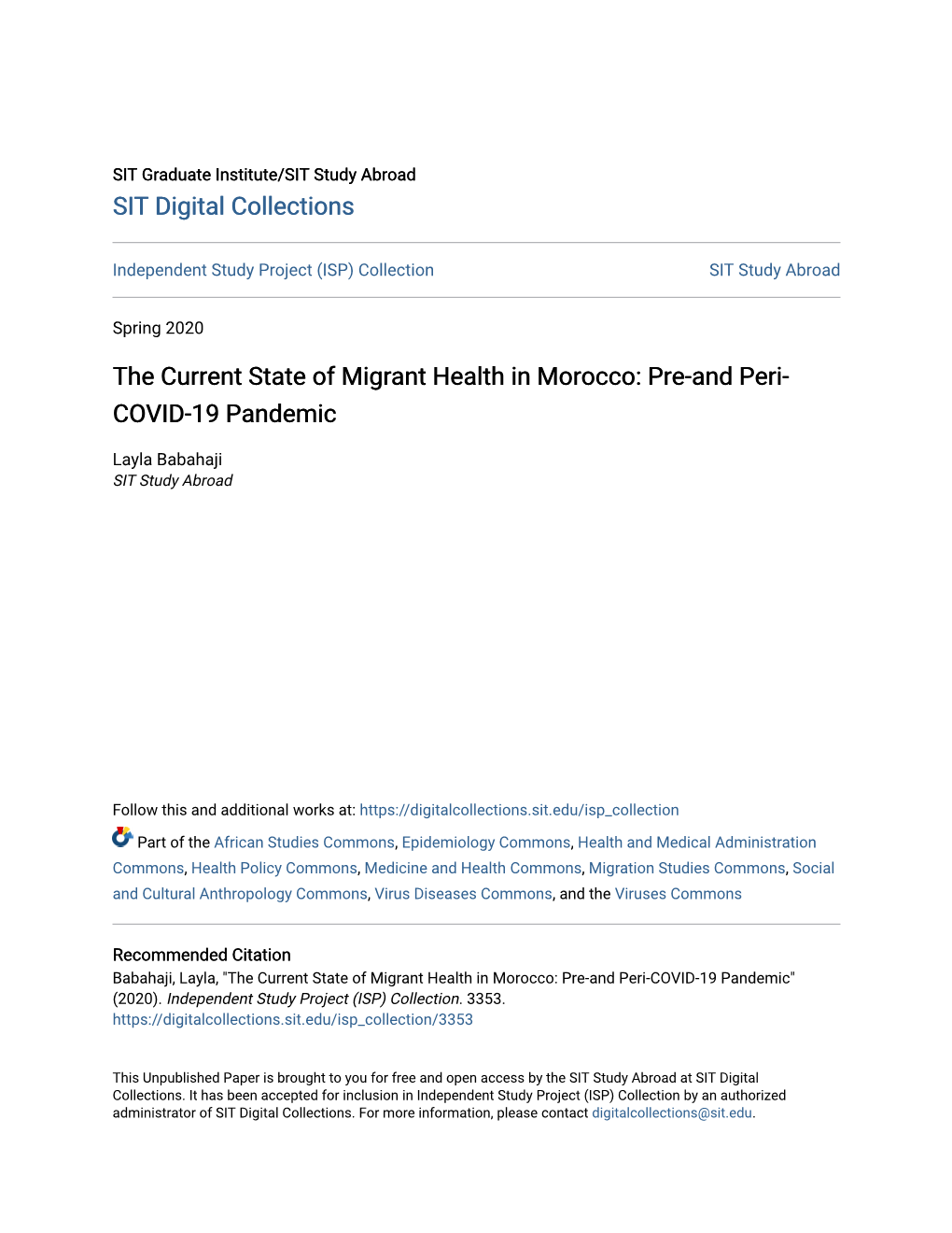 The Current State of Migrant Health in Morocco: Pre-And Peri- COVID-19 Pandemic