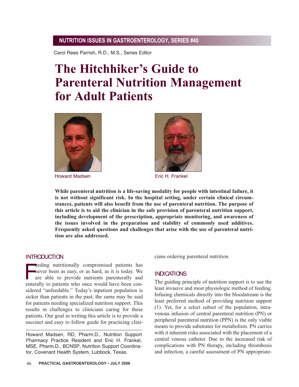 Parenteral Nutrition Management for Adult Patients