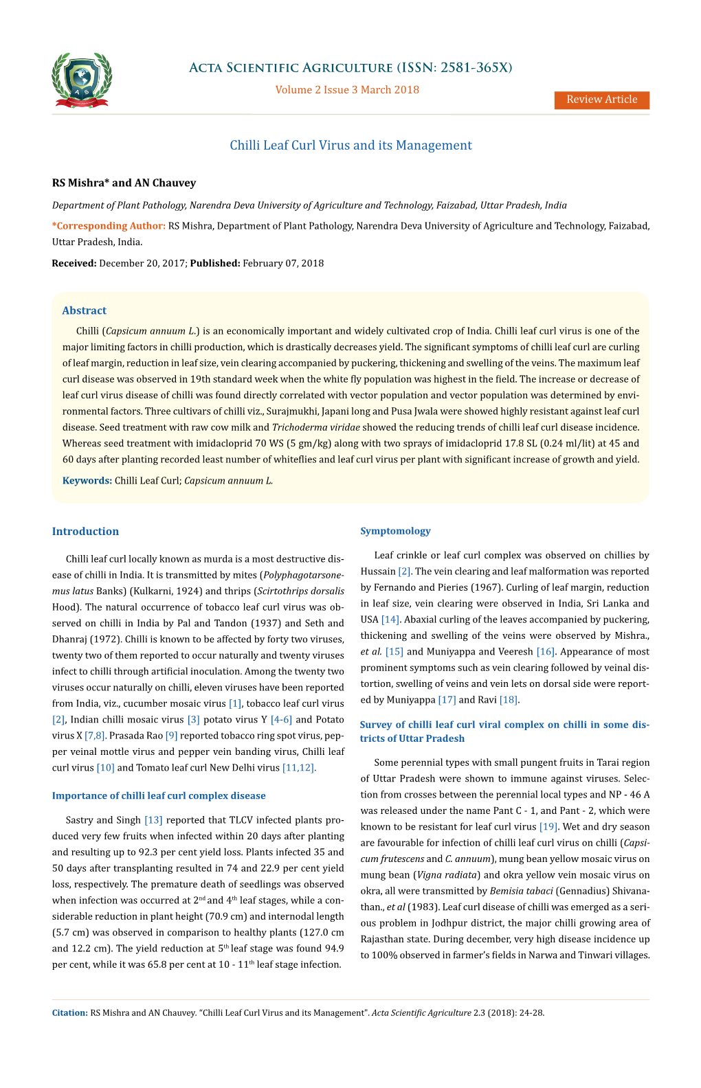 Chilli Leaf Curl Virus and Its Management