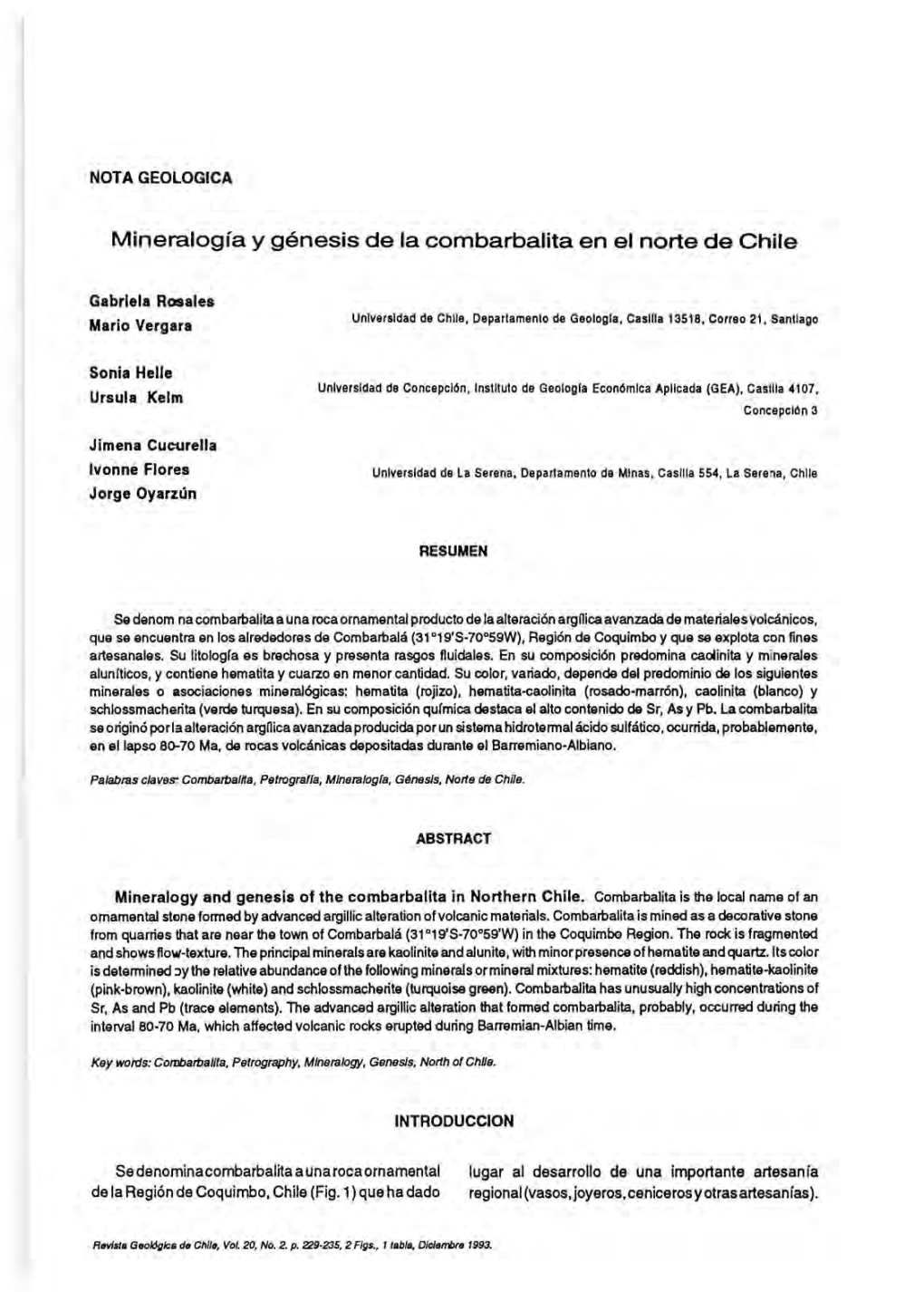 Mineralogía Y Génesis De La Combarbalita En El Norte De Chile