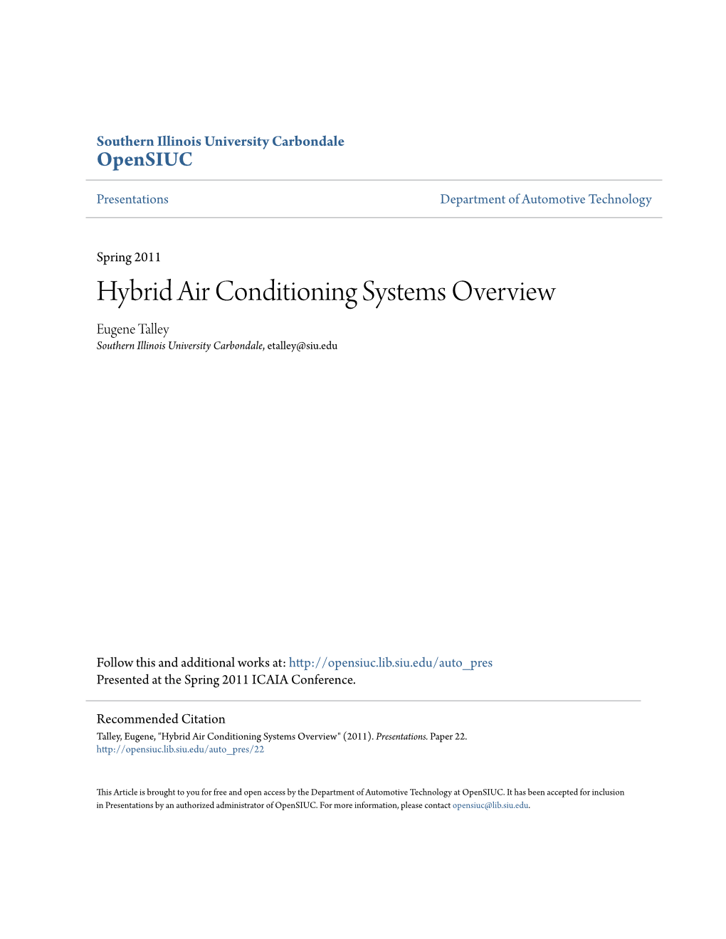 Hybrid Air Conditioning Systems Overview Eugene Talley Southern Illinois University Carbondale, Etalley@Siu.Edu