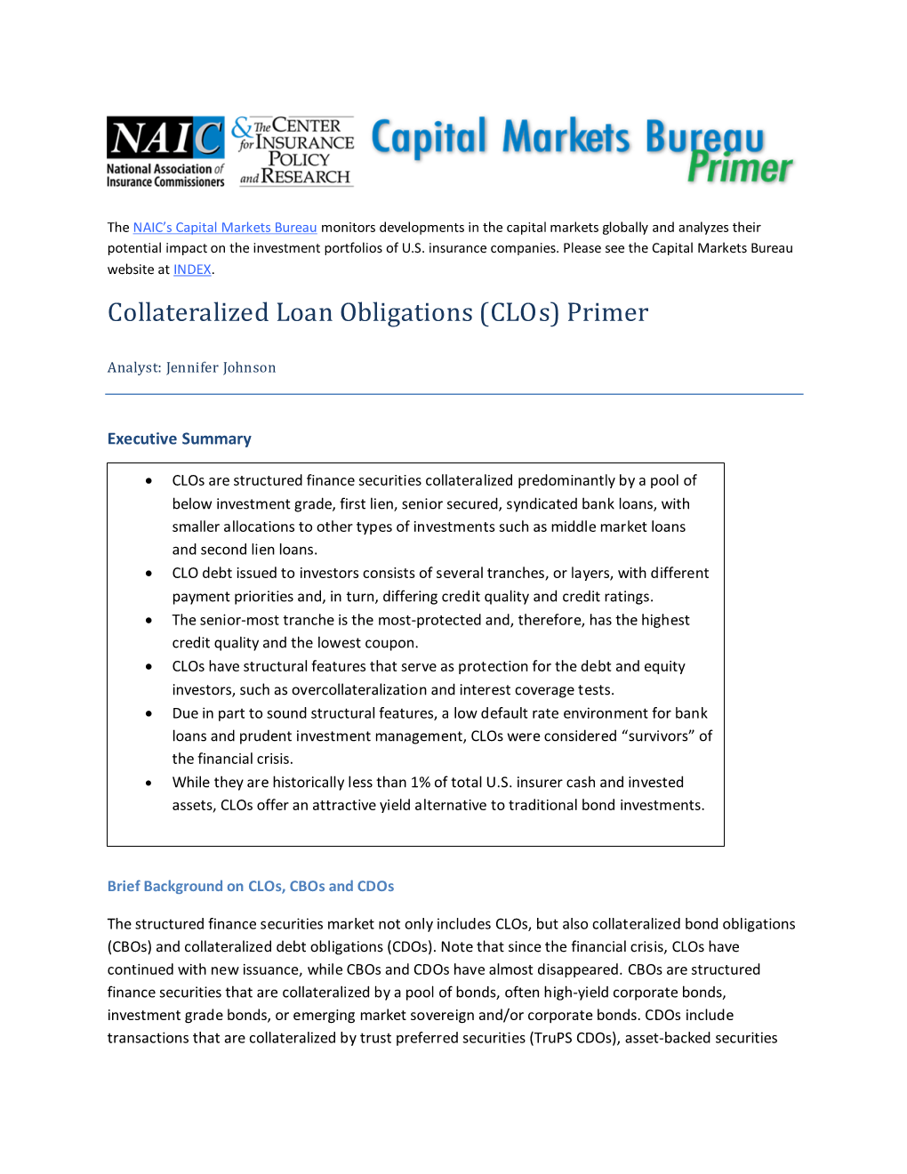 Collateralized Loan Obligations (Clos) Primer