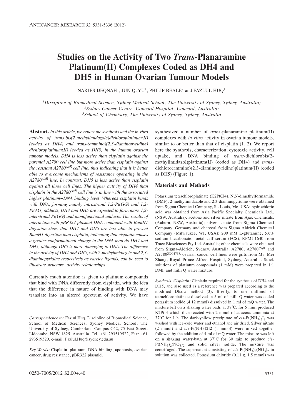 Complexes Coded As DH4 and DH5 in Human Ovarian Tumour Models