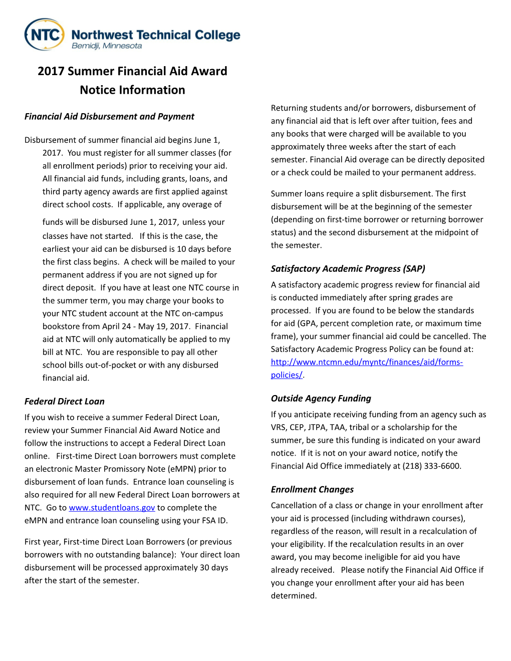 2017 Summer Financial Aid Award Notice Information